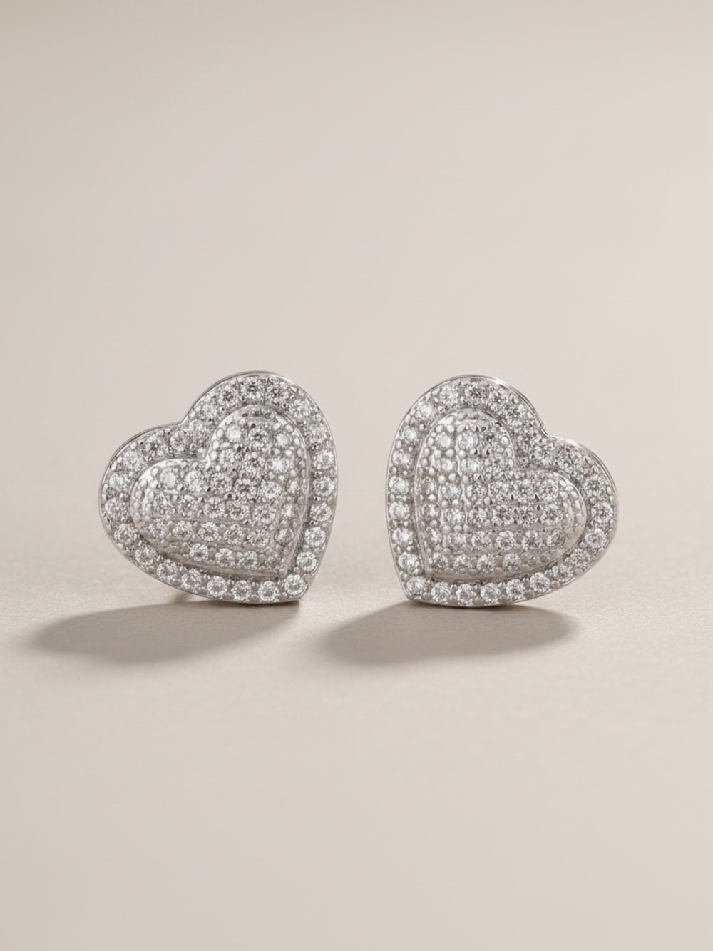 Silver Heart Pavé Stud Earrings - White